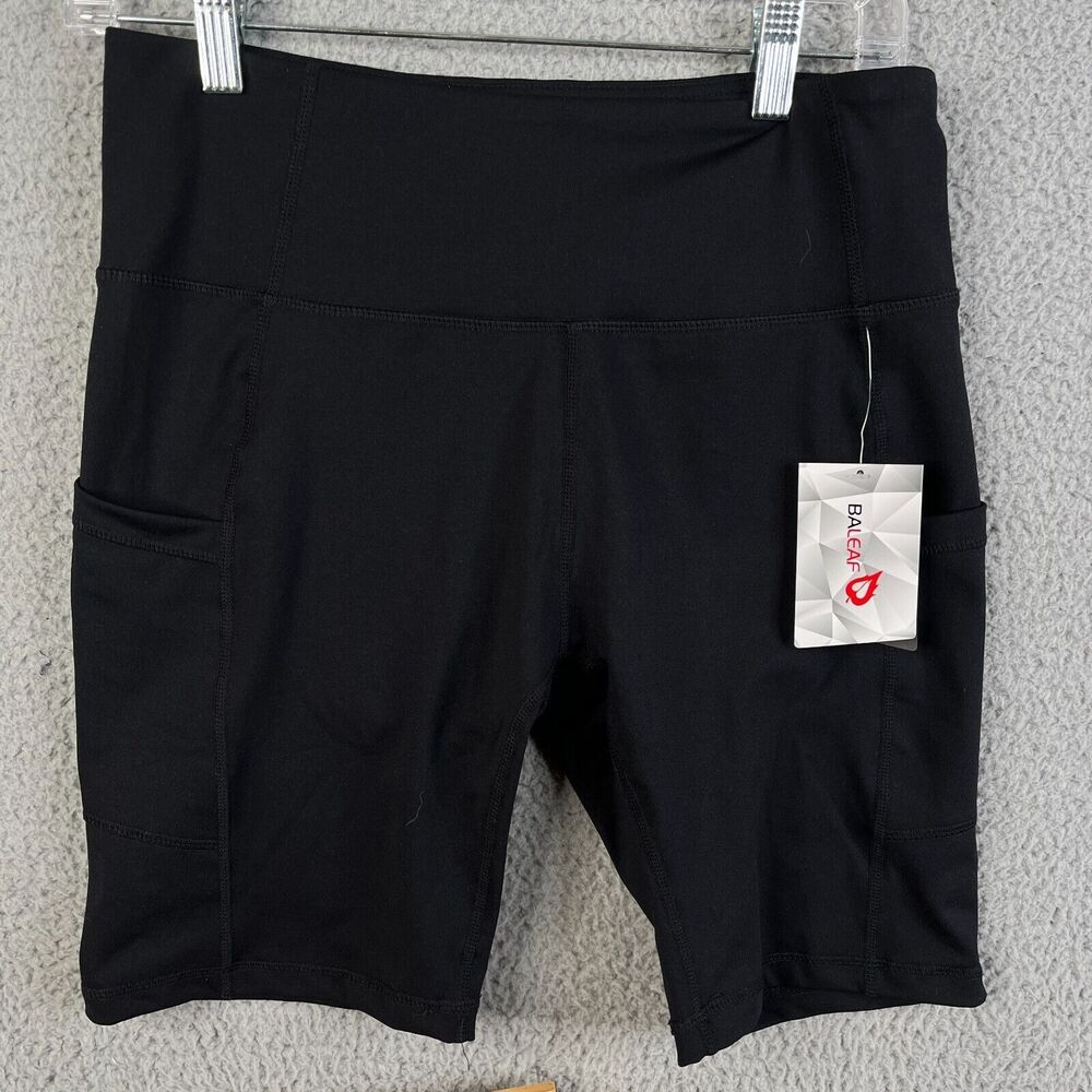 Baleaf Shorts Womens Medium Black 7"‎ Biker Stretch Spellout Pockets